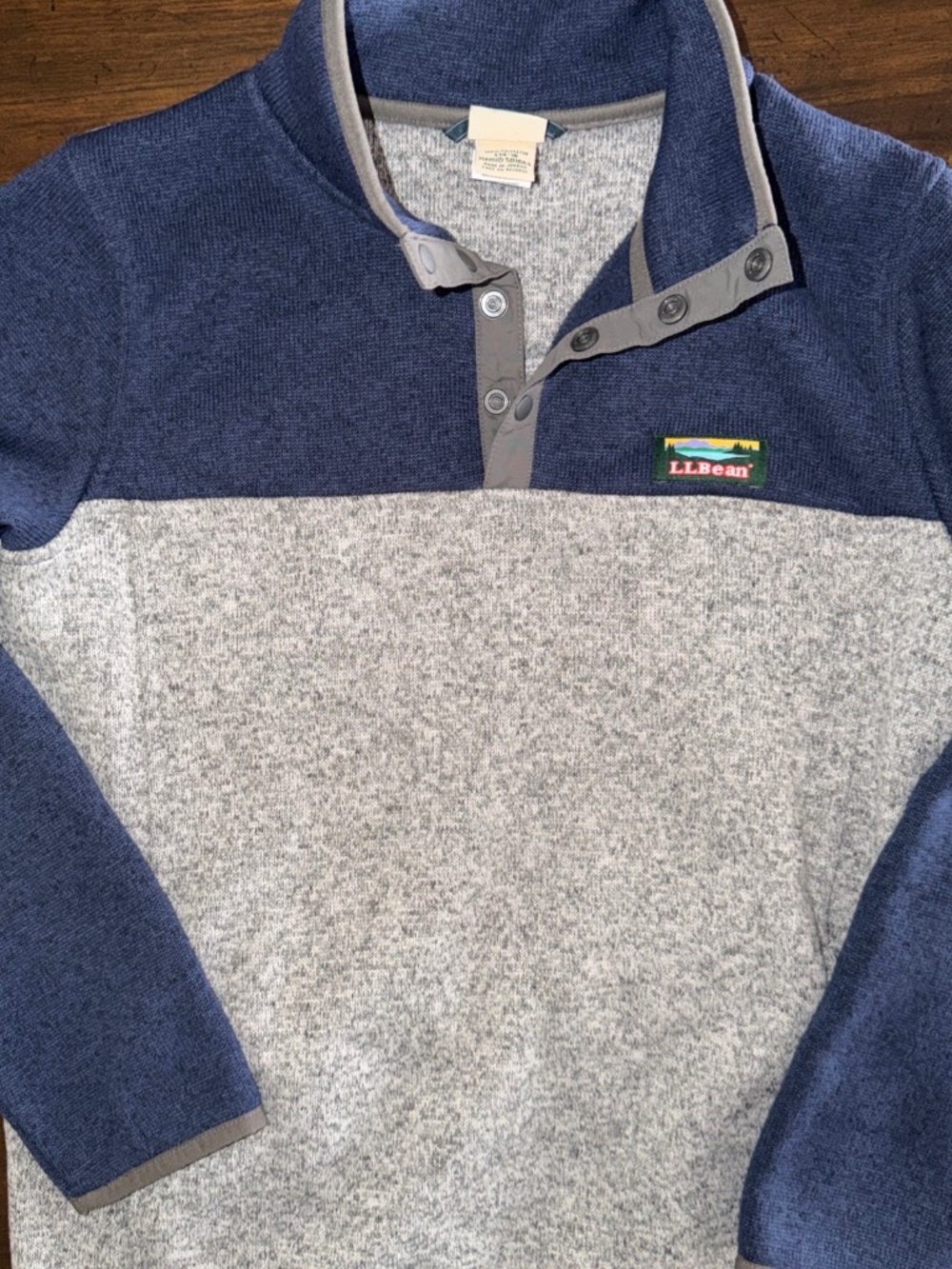 LL Bean Youth Large 14/16 Quarter Snap Pull Over Fleece Sweater Gray Navy